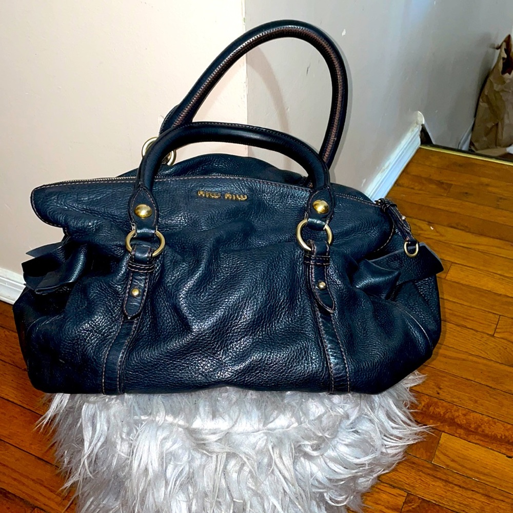 Vintage hobo bag / navy blue genuine leather